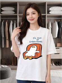 Women Student Pure Cotton Unique Graphic Print Crew Neck Short Sleeve 2026 New Summer Casual Tee Fast Local Delivery - 白色 - 查看 1