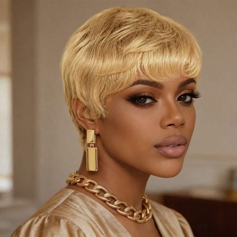 AMECIRE Human Hair Wigs Golden Straight Hair Wig 613 Wig Pixie Cut Wig Comfortable To Wear Suitable For Everyday Wear And Holidays