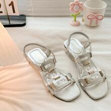 Summer New Rhinestone Flower High Heel Sandals For Women, Fashionable French Style Chunky Heel Shoes To Match Skirts - Silver - View 5