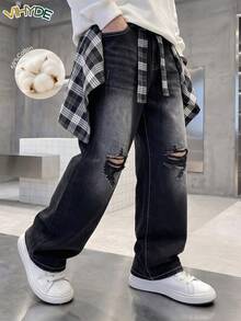 Vihyde Boys' American Vintage Plaid Apron & Distressed Wide Leg Straight Jeans 2 Pieces Set - Black - View 3