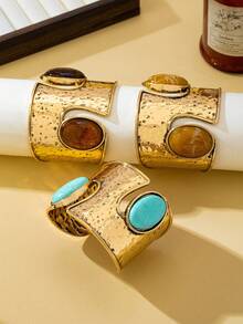 Vintage Distressed Metal Wide Cuff Bracelet, Bohemian Style With Oval Turquoise-Like Stone And Multicolor Gemstones - Bronze - View 4