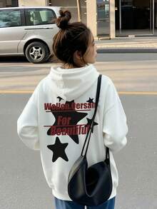 Women's Hooded Sweatshirt, New Autumn/Winter Star Pattern & Letter Print, Drawstring Design, With Pockets, Casual Versatile Loose Top, Fashionable Daily Wear - White - View 6