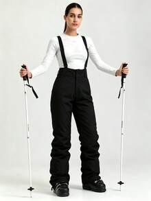 1pc Women's Loose Fit Winter Snowboard Pants, Sporty Style, With Detachable Suspenders, Suitable For Outdoor Activities, Double Skiing Gear, Warm Clothing, Reinforced Structure, Functional Snow Bib Pants, Snow Gear, Thickened, Slim Fit Ski Suit (Front Placket And Pockets Have Three Different Types Of Zippers, Randomly Shipped.) - 黑色 - 查看 6