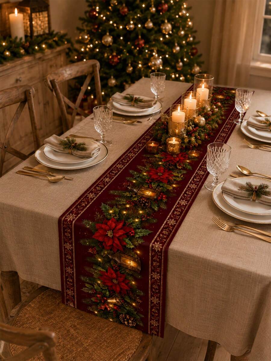 1pc Gold Snowflake Border Table Runner, Elegant Holiday Style Linen Rectangular Tablecloth, Red Poinsettia And Gold Bell Pattern Details, Christmas Party Kitchen Dining Table Protector, Winter Seasonal Home Desktop Decor - Multicolor - View 1