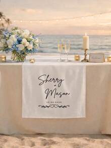 Personalized Wedding Table Runner, Custom White Polyester Linen Fabric Couple Table Runner (Includes Name And Date), Elegant Wedding Reception Decor Sign - Multicolor - View 4