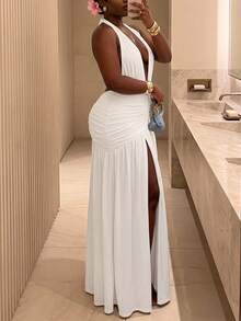 Vestido de punto con escote halter, tirantes anudados, bajo con abertura alta, plisado y parches, espalda descubierta - Blanco - Ver 3