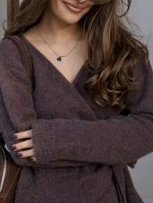 Women's Soft Loose Drop Shoulder Long Sleeve Knit Cardigan Sweater, Casual Relaxed Everyday Autumn Top - Brown - View 4