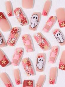 24pcs Long Coffin Shape Matte Halloween Nails, Pumpkin, Ghost, Bat, Blood Drop, Mummy, Spider Web Design, Square Nail Set Includes: 1pc Double-Sided Adhesive And 1pc Nail File, Halloween Nails Suitable For Women And Girls Daily Life And Party Use - Multicolor - View 3