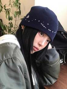1pc 2026 New Korean Style Embroidered Knit Beanie For Women, Autumn/Winter Versatile, Large Head Circumference, Face-Slimming Skull Cap - Multicolor - View 7