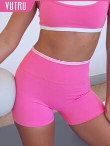 VUTRU 1Pc Color Block Waistband Tight Sports Shorts High Waist 3/4 Length Running Fitness Pink - Pink - View 7