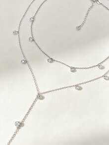 925 Sterling Silver Rhodium Plated Necklace With Cubic Zirconia Tassel, Layerable - Silver - View 5