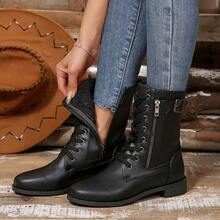 Women's Black Autumn/Winter Warm Fleece Lined Solid Color Basic Lace-Up Side Zipper Short Boots, Suitable For Autumn/Winter Outdoor Parties - Black - View 9