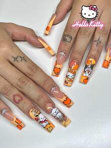 Sanrio Hello Kitty 24pcs Y2K Medium Square French Style Nail Stickers, Cute 3D Hello Kitty & Kuromi & Cinnamoroll, Heart, Maple Leaf, Rhinestone & Pearl Design, Perfect Fit Acrylic False Nails Set, Suitable For Daily And Party Use - Multicolor - View 2