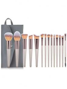 ronshadow 14pcs Multi-Function Makeup Brush Set With Storage Bag, Various Brush Types And Sizes, Fluffy Powder Brush, Angled Contour Brush, Multiple Eye Detail Eyeshadow And Concealer Brushes, Home Makeup Travel Portable Storage Set - Champagne - View 9