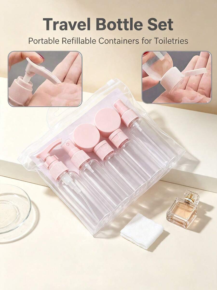 7pcs Travel Refillable Bottle Set With Toiletry Bag, Leak-Proof Liquid Dispenser Bottles, Portable Toiletry Container Set For Lotion, Shampoo, Cream, Soap, Travel Essentials, Back To School