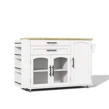 Mobile Kitchen Island With Foldable Worktop, Kitchen Trolley, 5 Wheels, Multiple Storage Options, Spice Rack, Cutlery Drawer, 120 X 45 (70) X 90 Cm - 白色 - 查看 1