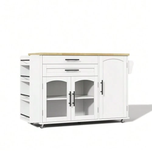 Mobile Kitchen Island With Foldable Worktop, Kitchen Trolley, 5 Wheels, Multiple Storage Options, Spice Rack, Cutlery Drawer, 120 X 45 (70) X 90 Cm - 白色 - 查看 1