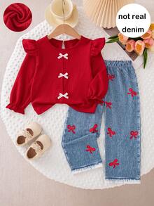 Girls' Casual Fashion Solid Color Bow & Print Flutter Sleeve Long Sleeve Top And Straight Leg Pants 2 Pieces Set, Spring/Autumn - Red - View 1