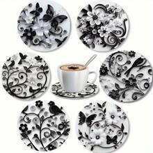 6pcs Black & White Floral Art Acrylic Coasters, Suitable For Patio Table, Kitchen, Living Room - Best Gift For Friends And Family - Multicolor - View 7