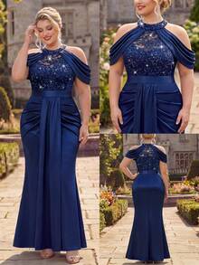 Große Größen Neckholder-Kleid mit Pailletten, Blumen-Spitze, Cut-out-Schulter, Cape-Ärmeln, Kontrastfarbe, plissiertem drapiertem Vorderteil, Satin, formelles Partykleid, elegant, Sommer - marineblau - Übersicht 3