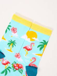 1/3/5 Pairs Tropical Flamingo Socks, Flamingo Hibiscus Palm Tree Pattern Mid-Calf Socks, Summer Island Beach Vacation Essential! Unisex Socks, Personalized Versatile Socks - Multicolor - View 6