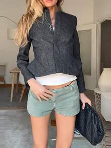 女款優雅通勤長袖立領開襟收腰小外套（含肩墊）純色前扣鈕扣復古通勤夾克 適合辦公室日常約會 - 深藍色 - 查看 6