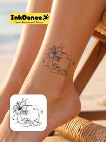 1 Kit "Hibiscus And Wave" New Technology Tattoo Sticker, Semi-Permanent, Fine-Line, Tropical, Ocean-Inspired, Temporary Tattoo, Fake Tattoo, Waterproof & Long-Lasting Realistic Design, Plant-Based Formula, InkDance, Ink Dance, Gift MNF007 - Black - View 2