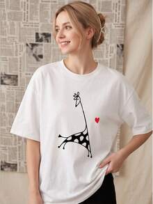 100% Cotton Short Sleeve Crew Neck Casual Shirt With Red Heart Pattern Print, Women's Clothing, Suitable For Summer And Spring - 白色 - 查看 1