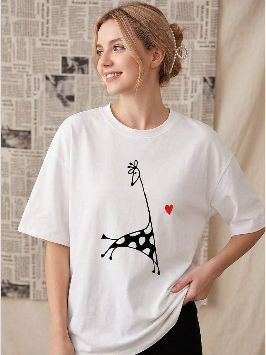 100% Cotton Short Sleeve Crew Neck Casual Shirt With Red Heart Pattern Print, Women's Clothing, Suitable For Summer And Spring - 白色 - 查看 1