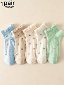 1/5 Pairs Women's Spring/Summer Macaron Ditsy Floral Ruffle Edge Casual Pastoral Style Short Socks, Suitable For Home And Daily Wear - Multicolor - View 8