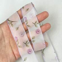 2 Yards Transparent Rose Flower Print Chiffon Ribbon, Wedding Bouquet Decoration Ribbon, Suitable For Handmade Bouquets, Gift Wrapping, Party Decor, Floral Design, Handmade DIY Bow Gift Ribbon, Soft Texture, Event Decoration - Purple - View 2