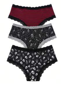 3pcs Gothic Skull Red Striped Print Lace Women's Triangle Panties Punk Chain Bat Mid-Waist Underwear Set - Multicolor - View 6