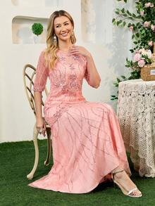 JINLICX Luxury Dusty Pink Round Neck Beaded Sequin Mesh Flowy Banquet Evening Gown - Pink - View 7
