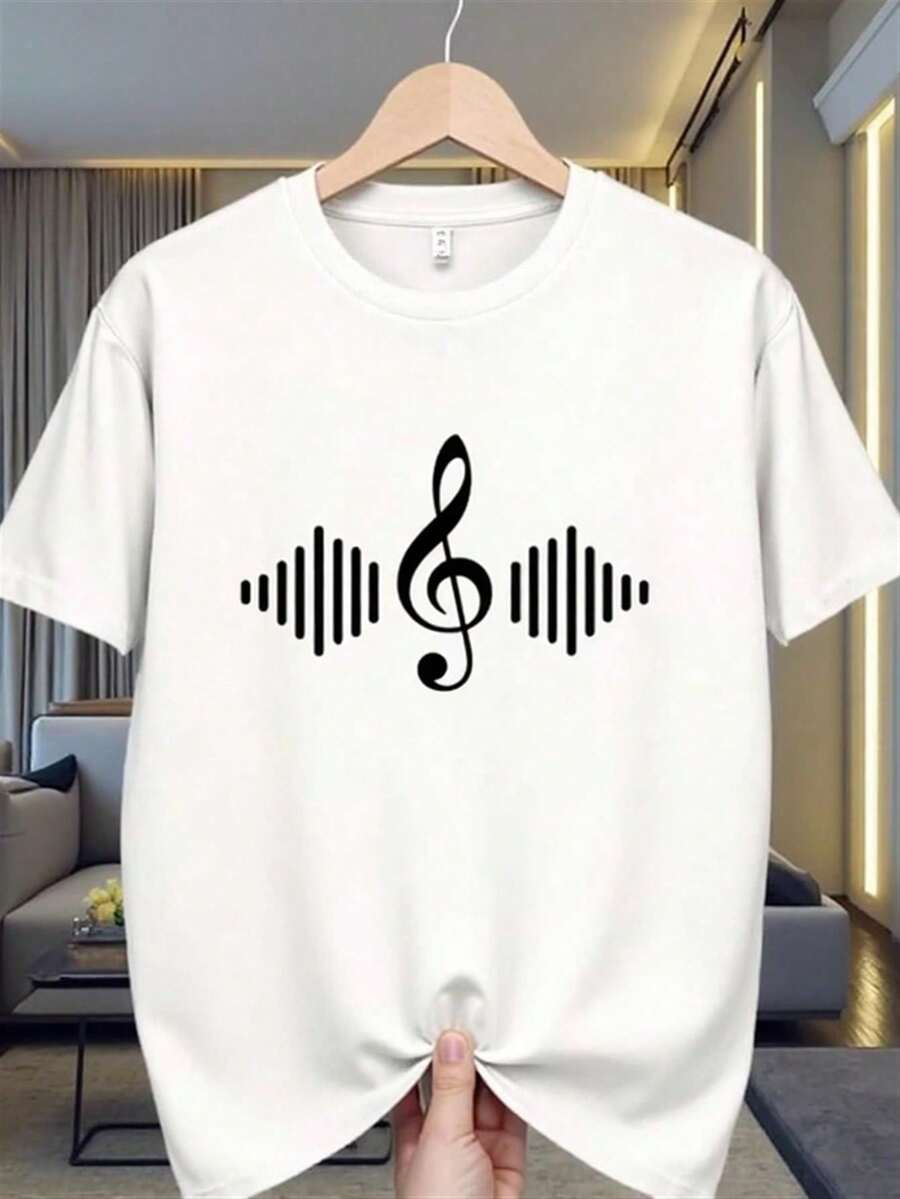 Women's Casual Style T-Shirt With Music Note And Wave Pattern, High Quality, Suitable For Daily Wear In Summer, Gift For Music Lovers2026 - 白色 - 查看 1