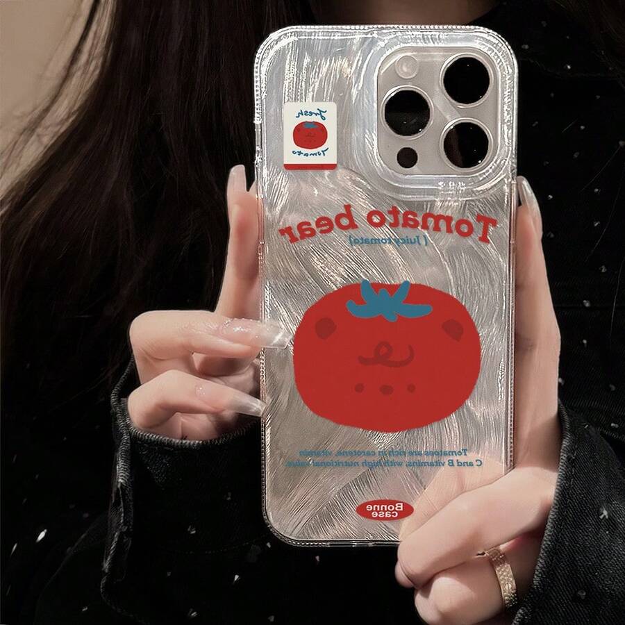1 buah Stiker Cetak Bahasa Inggris Beruang Tomat Tekstur Lipit Foil Perak Transparansi Tinggi Anti-Jatuh Cangkang Lembut TPU Jendela Besar Cakupan Penuh Tanpa Aksesoris Casing Ponsel Kompatibel Dengan Semua Seri Apple Gaya Korea Fresh Healing Ins Niche Lucu Pelindung - Clear - View 1