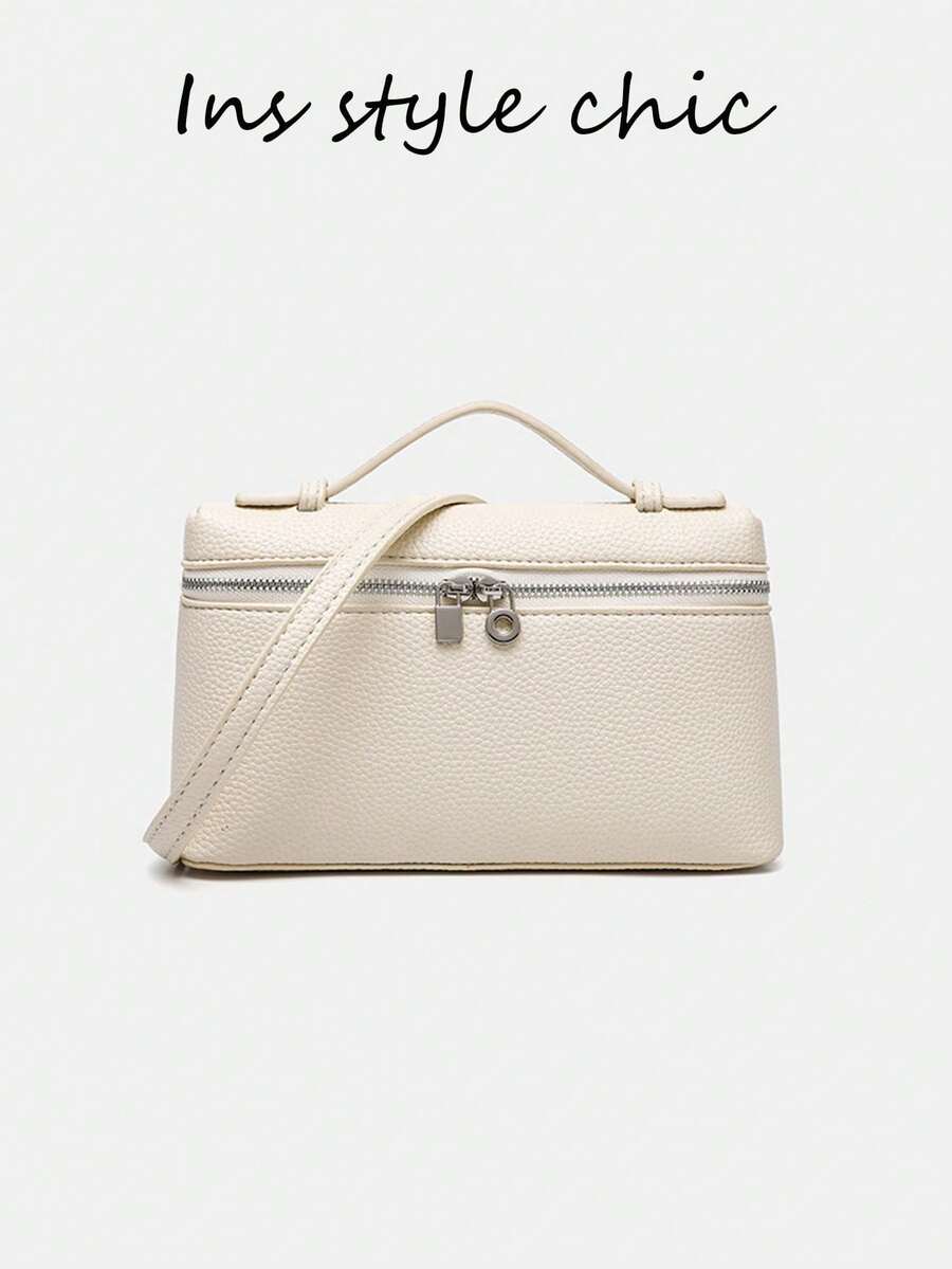 Off White Grain Texture Mini Square Crossbody Bag, Mini Handle Double Zipper Lock Hardware Lightweight Faux Leather Makeup Handbag Mini Wallet - White - View 1