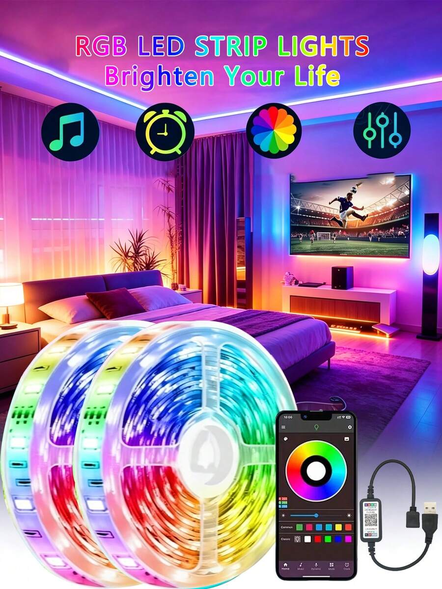 1 捲 5050 RGB LED 智慧電視燈條，柔性自黏式變色可調光，適用於電視背景、遊戲室、聖誕節、節日派對、情人節裝飾與氛圍照明