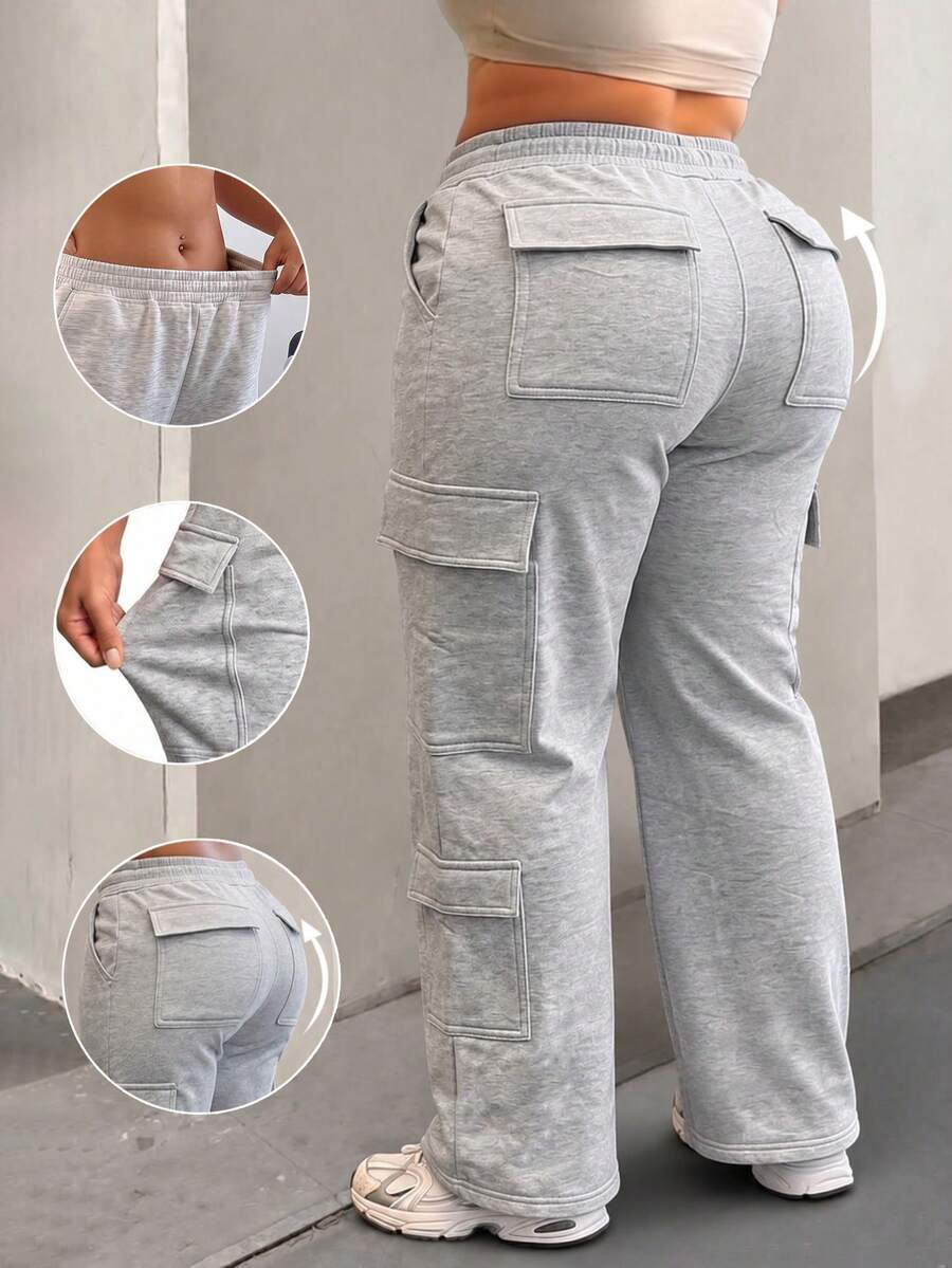 Plus Size Minimalist Casual Pocket Straight Leg Loose Fit Daily Commute Women's Cargo Pants Fall - Light Grey - View 1