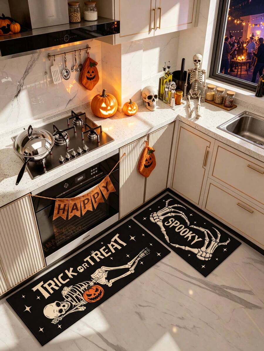 1/2pcs Halloween Kitchen Decor Rug, Skeleton Pumpkin Kitchen Rug And Mat, Non-Slip Washable Absorbent Kitchen Accessory Decorative Floor Mat - Multicolor - View 1
