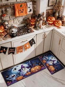 1/2pcs Halloween Kitchen Decor Rug, Cute Ghost Pumpkin Kitchen Rug And Mat, Non-Slip Washable Absorbent Kitchen Accessories Decor Mat - Multicolor - View 2