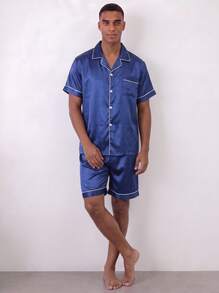 Snug League Conjunto de pijama de satén para hombre de 2 piezas, incluye pantalones cortos, chaqueta de dormir de seda, top cárdigan de manga corta con botones - Azul - Ver 2