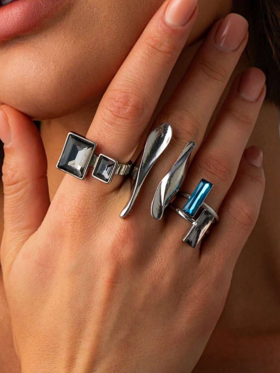 3pcs/Set Fashionable Design Elegant Silver Blue Grey Rhinestone Geometric Asymmetrical Silver Ring Set Suitable For Daily Commute Wear Holiday Party Women's Jewelry - Multicolor - View 1