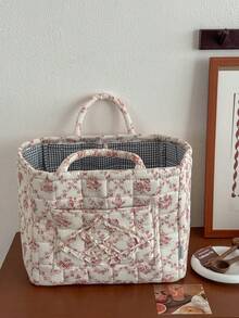 1pc Set French Vine Storage Basket Vintage Blue White Floral Quilted Handheld Portable Cosmetic Sundries Desktop Organizer Container Box Home Decor Craft Gift - View 27
