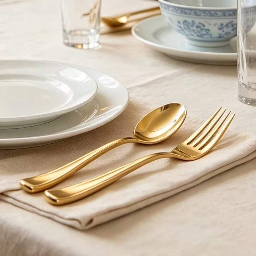 100/50/25pcs Gold Cake/Salad Spoon/Fork Set, Reusable And Washable, Suitable For Parties, Outdoor Activities, Family Gatherings, Weddings, Holidays And Other Occasions, Cake And Salad Utensil Set - Gold - View 1