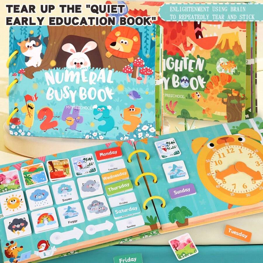 4Pcs Cartoon Themed Busy Book Set, Dinosaur/Animal/Number/Traffic Pattern Tear & Stick Activity Book, Cognitive Training Interactive Book For Kids Age 0-4, Preschool Learning Activity Toy - Multicolor - View 1