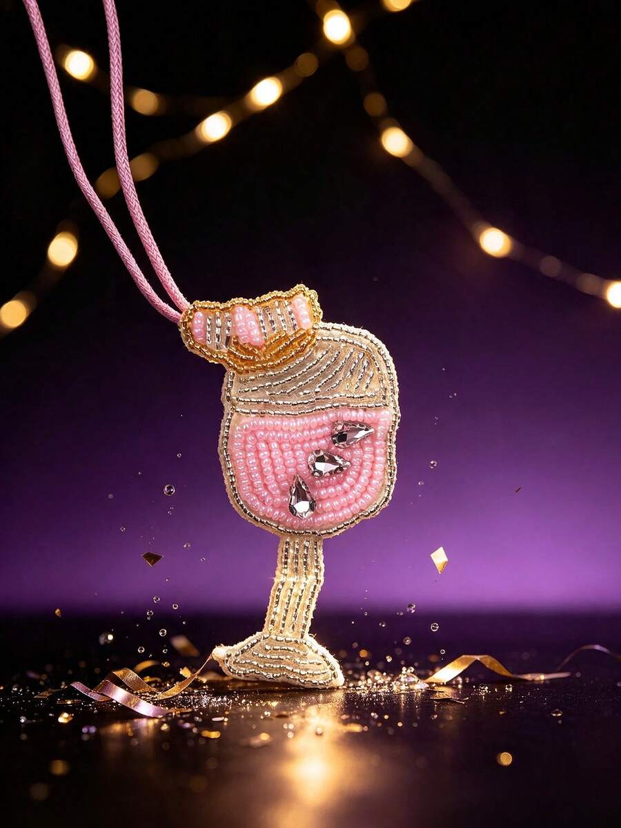 1pc Party Style Bag Charm, Handmade Rhinestone Beaded Pendant With Champagne, Cocktail Glass And Coffee Cup Design - Pink - View 1