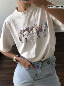 Basic Crew Neck Graphic Casual T-Shirt For Ladies, Daily Spring Summer Outfit - 白色 - 查看 4