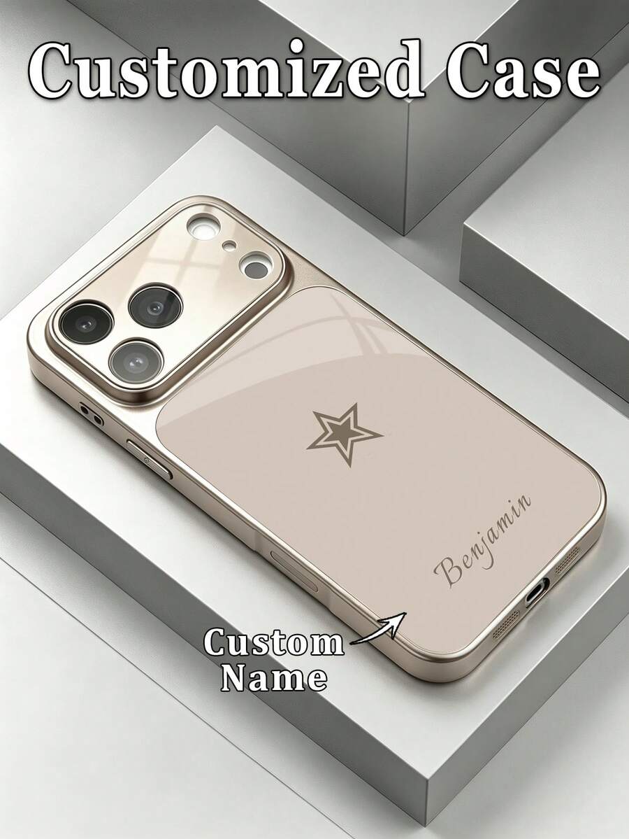 1件客製化姓名極簡星星圖案奢華時尚大視窗強化玻璃鏡頭保護磨砂防摔手機殼，適用 17/17Pro/17ProMax/17Air/16/16Pro/16ProMax/16Plus/15/15Plus/15Pro/15ProMax/14/14Plus/14Pro/14ProMax/13/13Pro/13ProMax/12/11，全包覆高端保護殼手機配件 - 玫瑰金 - 查看 1