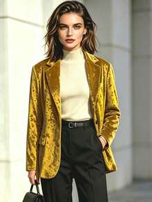 1pc Autumn/Winter Casual Commute Fashion Versatile Elegant Velvet Lapel Long Sleeve Faux Pocket Blazer Jacket Fall - Gold - View 4