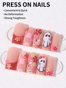 24pcs Long Coffin Shape Matte Halloween Nails, Pumpkin, Ghost, Bat, Blood Drop, Mummy, Spider Web Design, Square Nail Set Includes: 1pc Double-Sided Adhesive And 1pc Nail File, Halloween Nails Suitable For Women And Girls Daily Life And Party Use - Multicolor - View 2